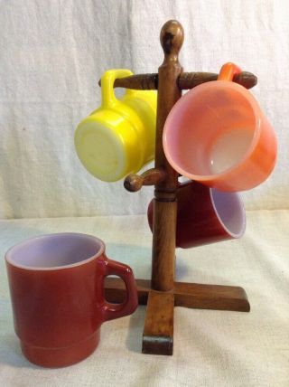 Set Of 4 Vintage Mid Century Retro Mugs Coffee Tea Cup W/ Wood Tree Stand