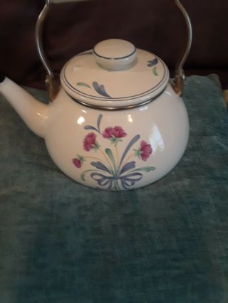 Lenox Poppies On Blue 8 Cup Metal Tea Kettle With Ceramic Handle