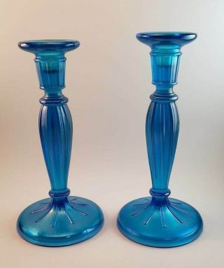 Vintage Pair Celeste Blue Fenton Carnival Glass Candlestick Holders 232