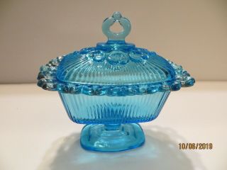 Blue Glass Candy Nut Dish Footed Compote Lidded Ribbed With Fancy Scallop Edge