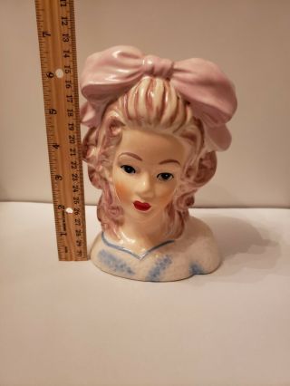 6 1/2 " Relpo? Lady Head Vase Young Girl With Pink Hair Bow