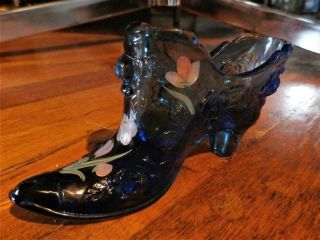 Fenton - Art Glass - Royal Blue Hand Painted Floral - Boot - Shoe - Signed