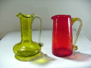 2 Vintage Blenko Crackle Glass Handled Creamers Red & Lime Green