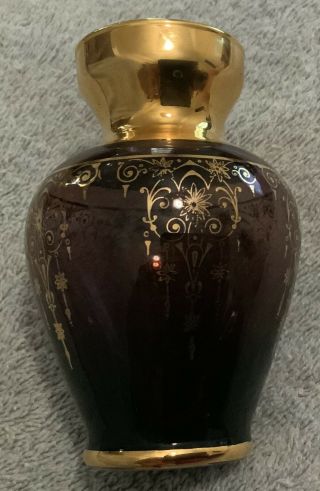 Antique Moser Style Purple Glass Vase,  Hand - Painted W/24K Gold Paint 2