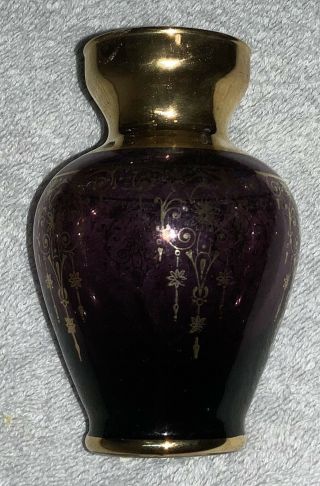 Antique Moser Style Purple Glass Vase,  Hand - Painted W/24K Gold Paint 3