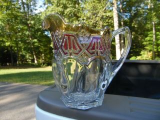 Antique Eapg Water Pitcher / Reverse 44 Pattern / Us Glass / Maidens Blush