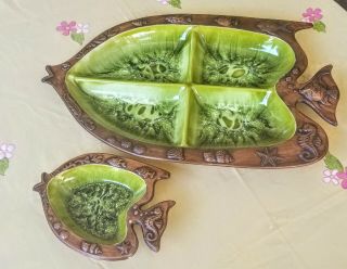 Vintage 1970 Mid Century Treasure Craft Green Mod Ceramic Fish Dishes Trays