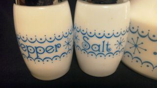 Vtg 4 pc GEMCO Blue Snowflake Set Salt & Pepper,  Oil & Vinegar Pyrex compatib 2