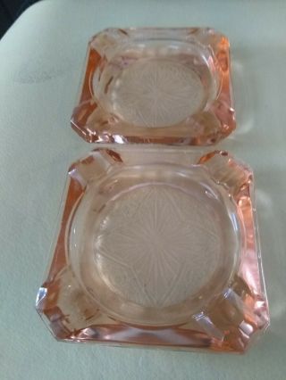 Two 2 Vintage Peach Pink Depression Glass Small Ashtrays Art Deco Floral Design