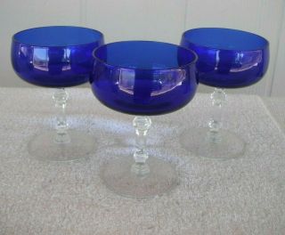 3 Vtg Cobalt Blue 4 - 1/2 " Wine Glasses Clear Stem