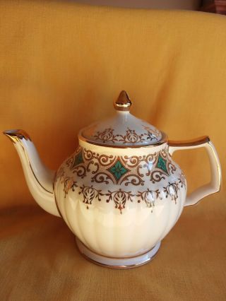 Vintage Sadler England Teapot With Gold Trim,  Aqua Diamond Shapes,  Ribbed