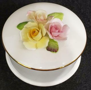 Staffordshire Vanity Powdered Trinket Box W/ 3d Roses Yellow And Pink