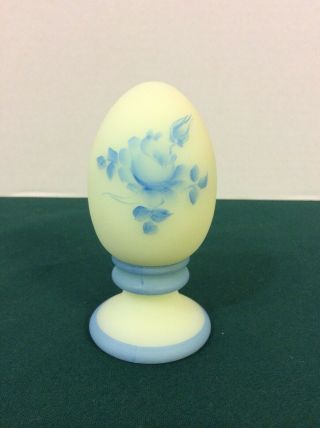 Vintage Fenton Pedestal Egg Blue Floral Custard Satin Glass Artist Signed