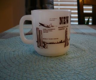 Rare Vintage York City World Trade Center Glasbake Milk Glass Mug D Handle