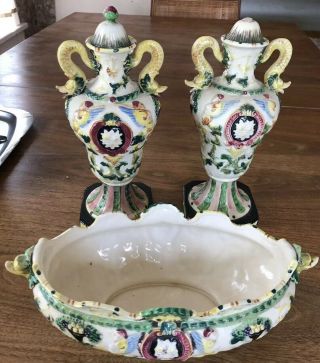 Vintage Maruhon Ware Japan Vases,  Matching Compote Hand Painted