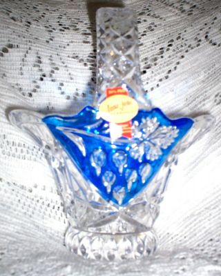 Estate Ann Hutte 24 Lead Crystal Floral Basket Blue Flash Germany Bleikristall