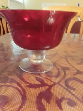 Medium Hand Blown Ruby Red Salad Bowl With Clear Pedestal Art Glass Center
