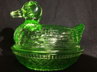 Green Vaseline Glass Duck On Nest Basket Candy Dish Uranium / Farm Egg Neon Swan