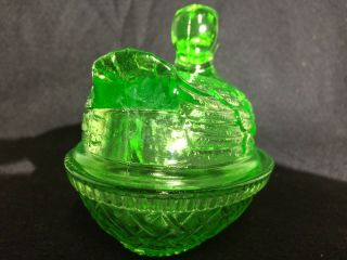 Green Vaseline glass duck on nest basket candy dish Uranium / farm egg neon swan 4
