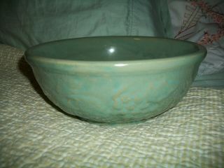 Vintage Usa Pottery Green Glazed Stoneware Bowl Raised Fruit Pattern 9 "