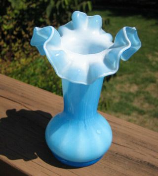 Vintage Blue And White 5 1/2 " Tall Vase - Large Ruffled - Edge - - Fenton