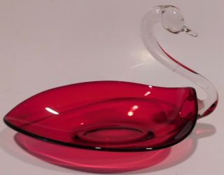 Vintage Duncan & Miller Red Glass Swan Dish Clear Neck 5 3/4 " High