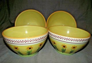 Set Of 4 Pfaltzgraff Pistoulet Deep Cereal Bowls - Red Band - Sunflowers