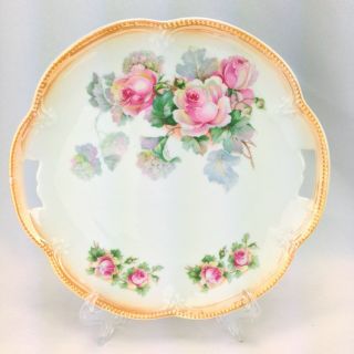 Antique Bavarian Porcelain Floral Serving Cake Plate Pink Roses Iridescent Trim