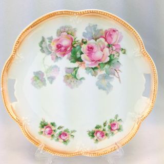 Antique Bavarian Porcelain Floral Serving Cake Plate Pink Roses Iridescent Trim 2