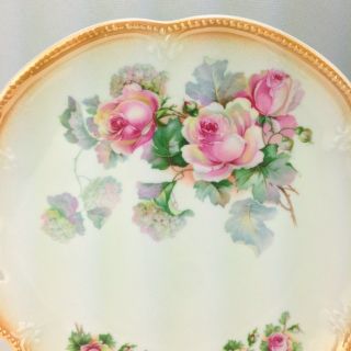 Antique Bavarian Porcelain Floral Serving Cake Plate Pink Roses Iridescent Trim 3