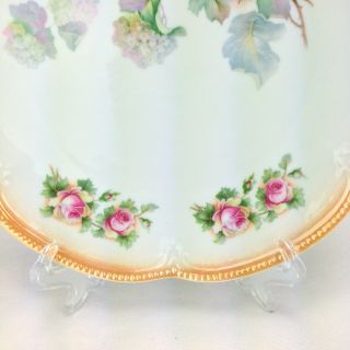 Antique Bavarian Porcelain Floral Serving Cake Plate Pink Roses Iridescent Trim 4