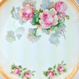 Antique Bavarian Porcelain Floral Serving Cake Plate Pink Roses Iridescent Trim 5