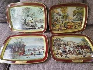 Vintage Currier And Ives Set Of 4 Trays.