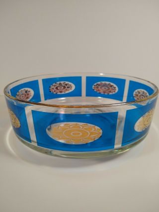 Mid Century Modern Lotus Flower Blue And Gold Glass Bowl Jeanette Glass Co