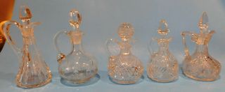 5 Vintage & Antique Etched Pressed & Eapg Glass Oil & Vinegar Cruets