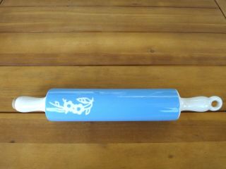 Vintage Harker Blue & White Cameo Pottery Rolling Pin,  Rubber Stopper