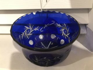 Vintage Cobalt Blue Lead Crystal Cut Glass Bowl Floral Design