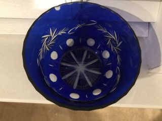 Vintage Cobalt Blue Lead Crystal Cut Glass Bowl Floral Design 2