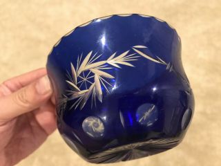 Vintage Cobalt Blue Lead Crystal Cut Glass Bowl Floral Design 5