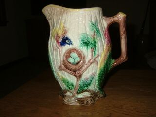 Vintage Majolica Pitcher Hand Painted,  Bird Nest,  Made In Usa,  9 1/2 "