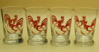 Set Of 4 Vintage Libbey 6 Ounce Red Rooster Juice Glasses