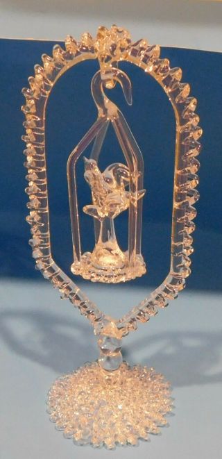 Vintage Spun Crystal Glass Miniature Bird In Cage 7 " Figurine