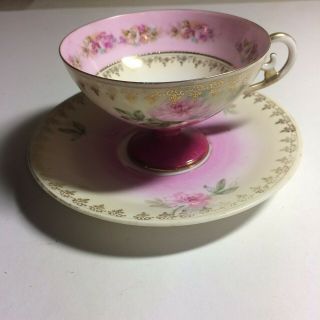 Rs Prussia Floral Pedestal Tea Cup And Saucer Set W/pink Roses Red Mark