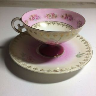 RS PRUSSIA Floral Pedestal Tea Cup and Saucer Set w/Pink Roses Red Mark 2