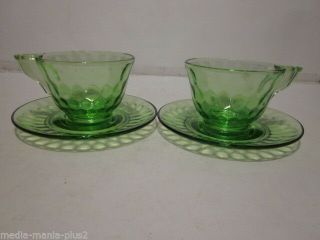Vintage Green Depression Glass Art Deco Design Tea Cup & Sauces Glows In Black A