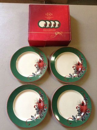 Holiday Lenox Winter Greetings Set Of 4 Dessert Plates W/ Red Cardinal