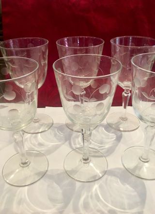 Set Of 6 Crystal Etched Flower Wine Glasses 7”x 3 1/4 W