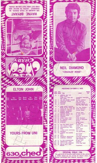 630 Ched Edmonton Top 30 Record Chart,  October 5,  1970,  Neil Diamond,  Elton John