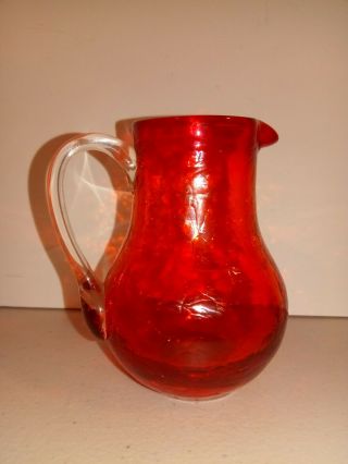 Vintage Blenko Art Glass Pitcher Jug Vase Crackled Mid - Century Modern Ruby Red