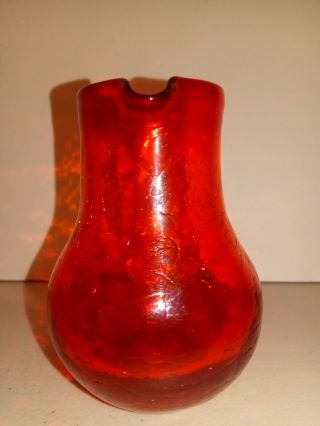 Vintage BLENKO Art Glass Pitcher Jug vase Crackled mid - century modern RUBY RED 2